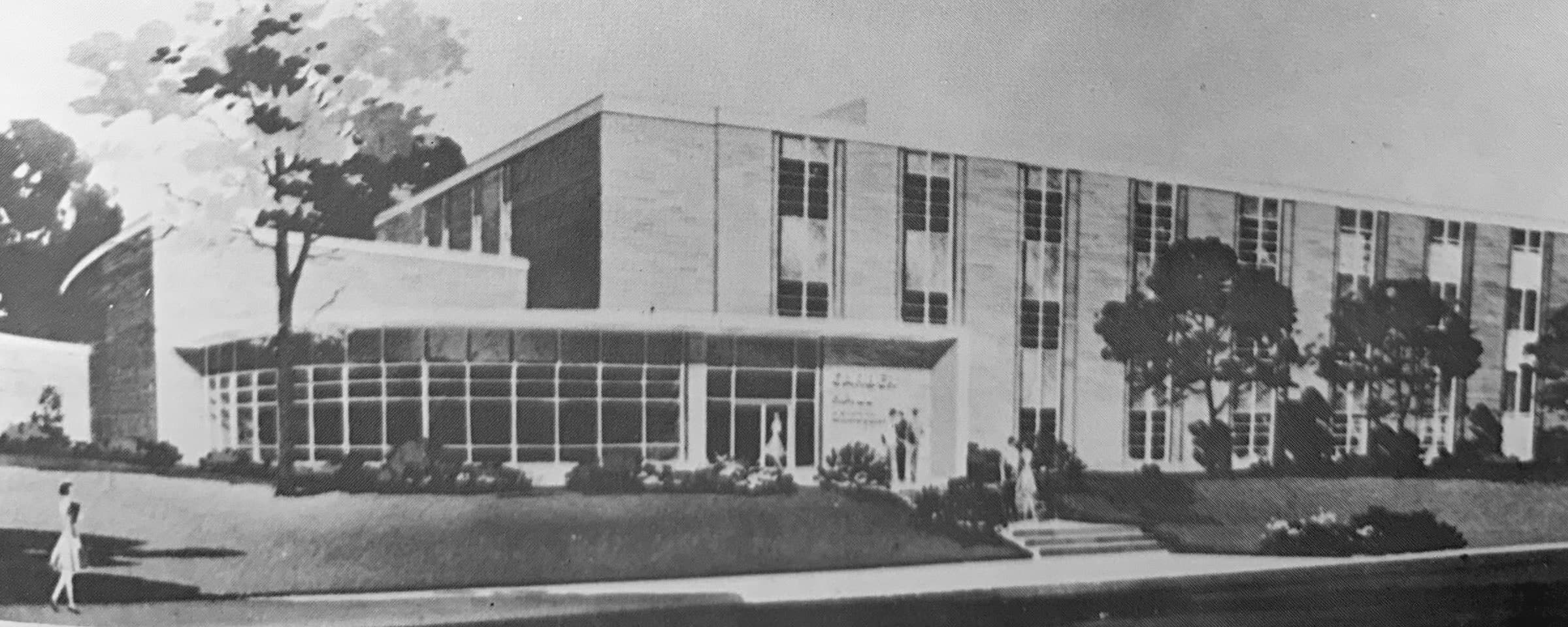 Archival plate of the Science-Agriculture Building at Ferrum Junior College in Ferrum, Virginia, a long two-storey building with a glazed entrance colonnade.