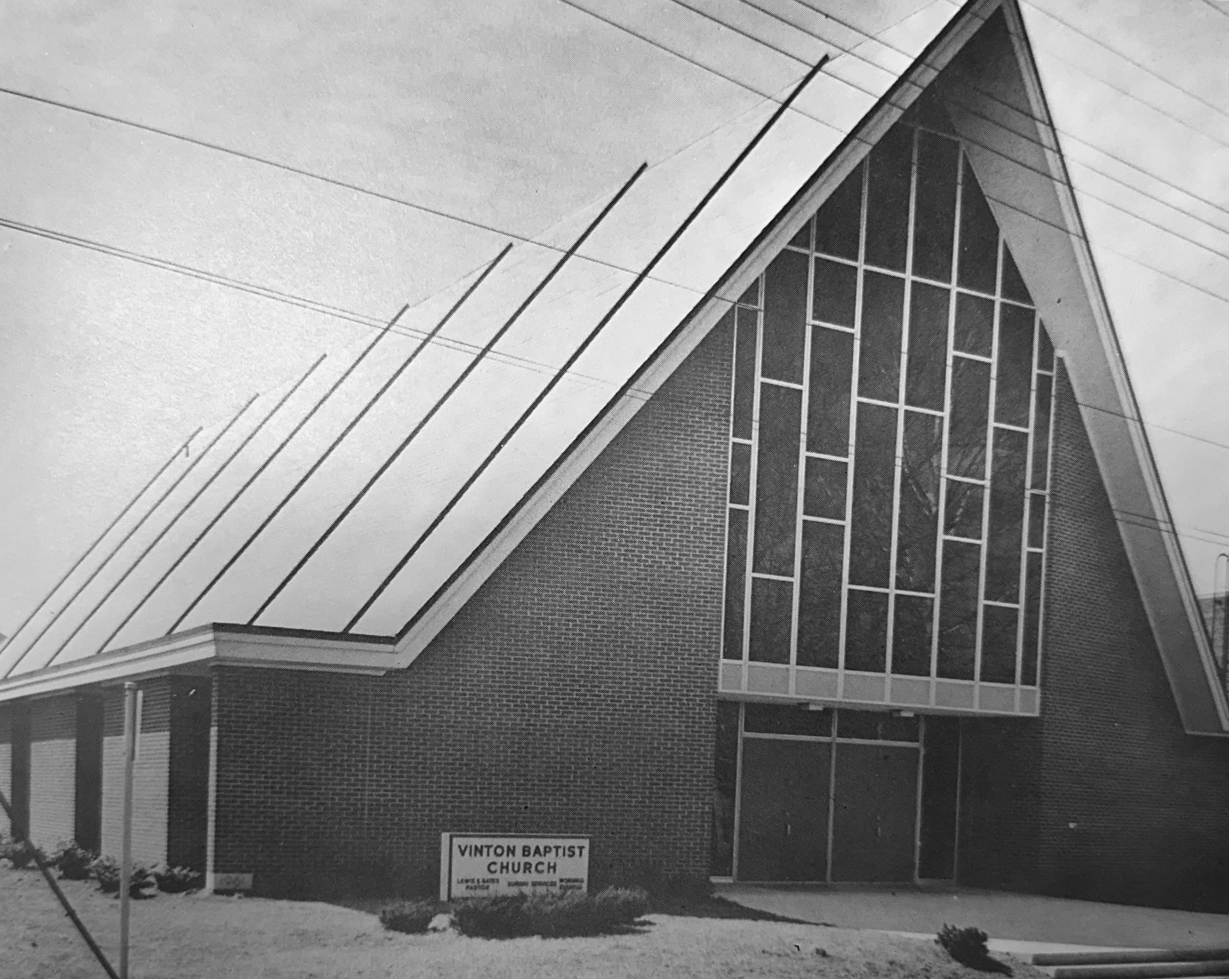 Archival plate of Vinton Baptist Church in Vinton, Virginia, with its A-frame front and glass wall.